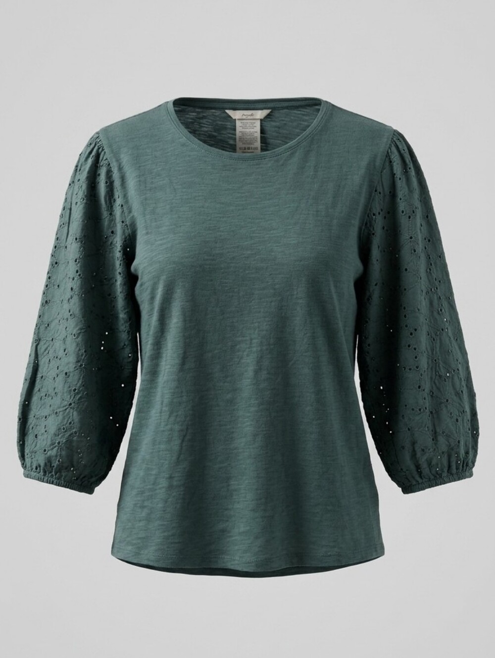 Denver Hayes 100% Cotton Teal Green 3/4 Eyelet Puff-Sleeve Women's Casual Top L